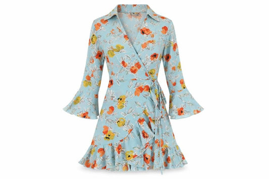 PrettyLittleThing Women’s Blue Floral Wrap Dress UK 4 Short Sleeve Ruffle