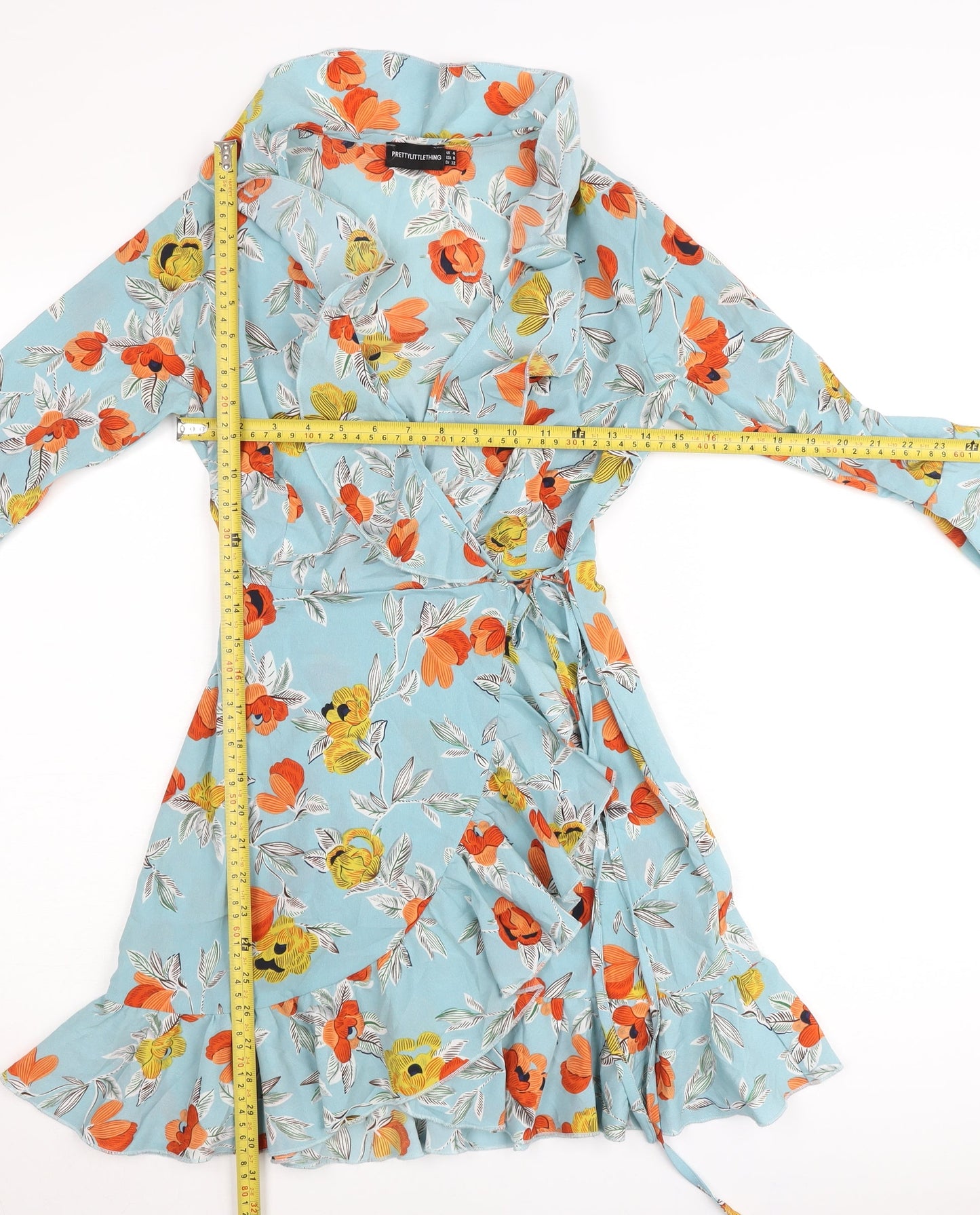 PrettyLittleThing Women’s Blue Floral Wrap Dress UK 4 Short Sleeve Ruffle