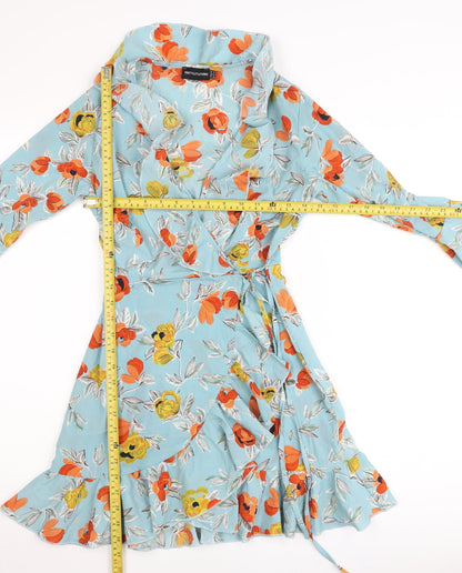 PrettyLittleThing Women’s Blue Floral Wrap Dress UK 4 Short Sleeve Ruffle