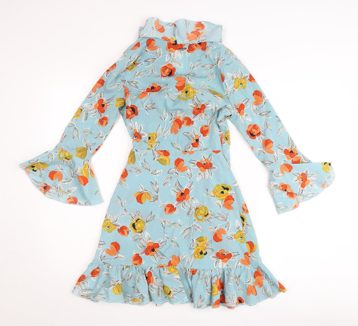 PrettyLittleThing Women’s Blue Floral Wrap Dress UK 4 Short Sleeve Ruffle