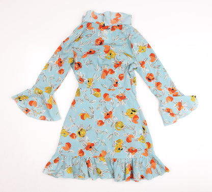 PrettyLittleThing Women’s Blue Floral Wrap Dress UK 4 Short Sleeve Ruffle