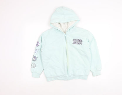 Anko Girls Blue Hooded Jacket Age 10 Lined Full Zip Embroidered Casual