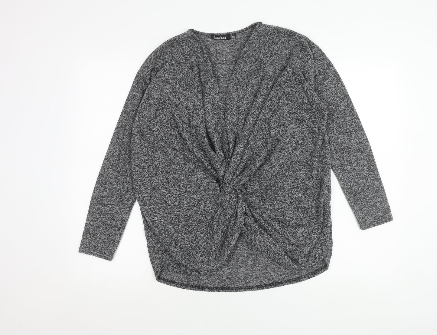 Boohoo Women’s Grey Wrap Knotted Blouse Size 8 Long Sleeve
