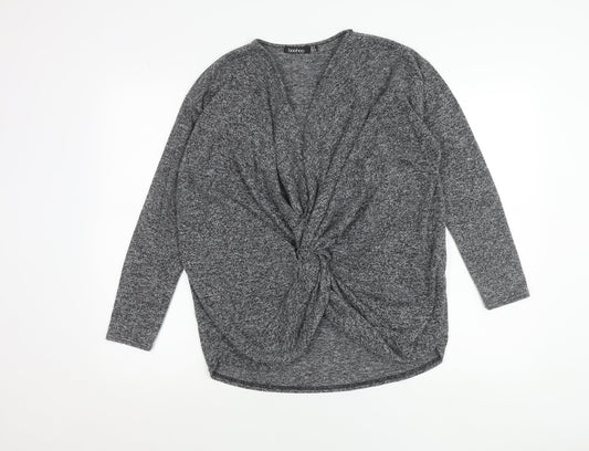 Boohoo Women’s Grey Wrap Knotted Blouse Size 8 Long Sleeve