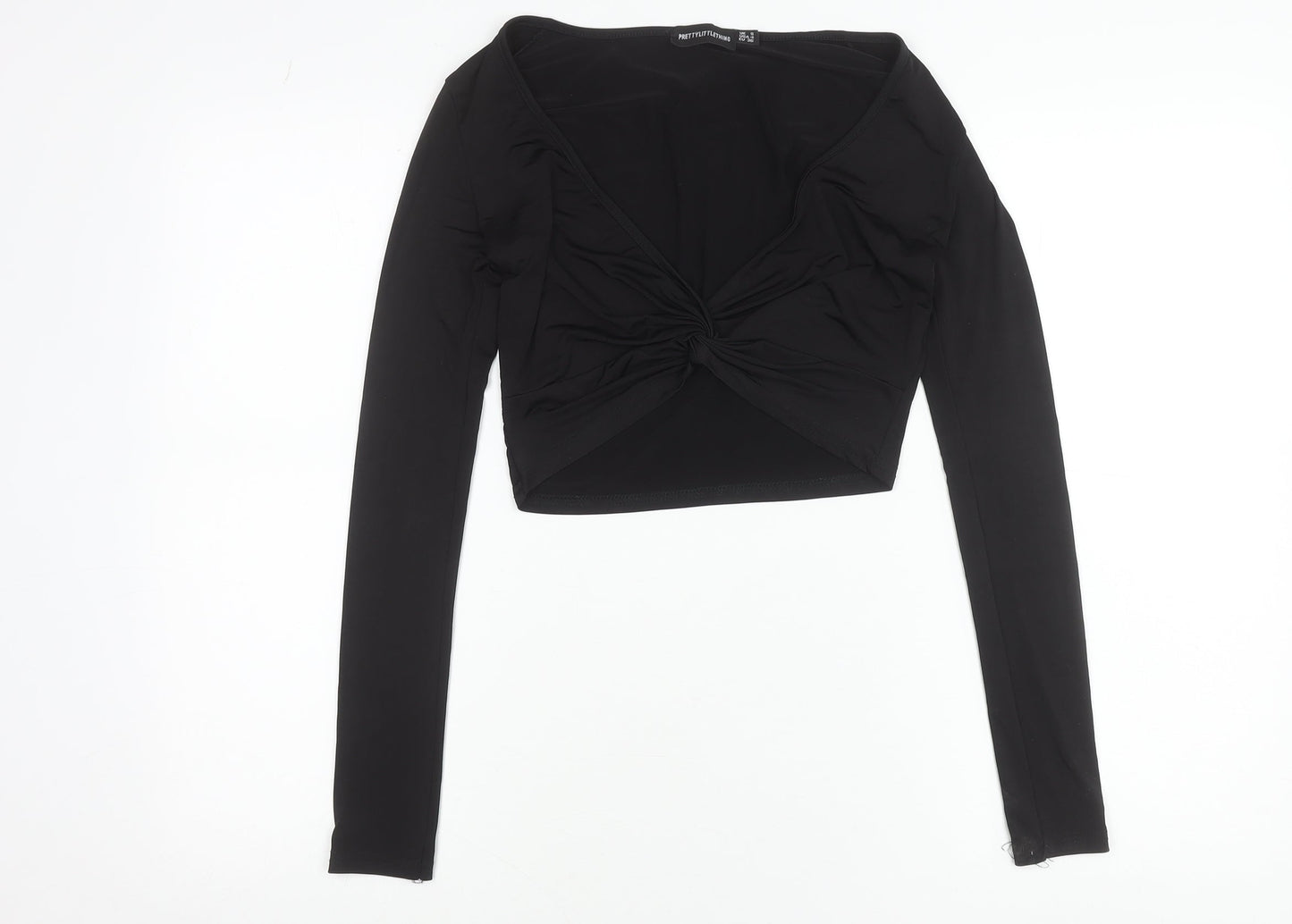 PrettyLittleThing Women’s Black Cropped V-Neck Long Sleeve Blouse Size 8