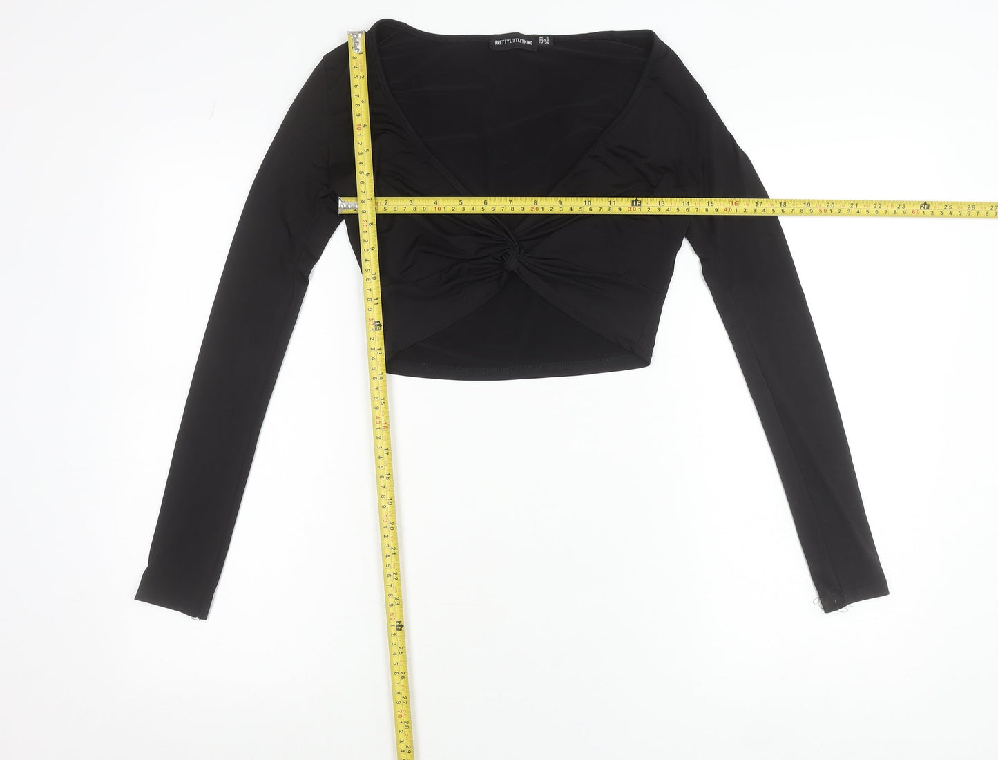 PrettyLittleThing Women’s Black Cropped V-Neck Long Sleeve Blouse Size 8