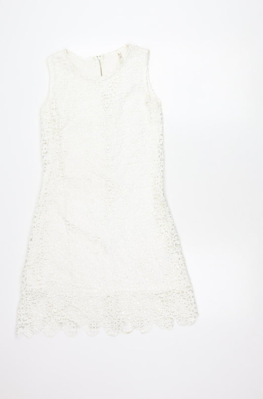 Quiz Women’s White Lace Sheath Knee Length Dress Size 8 Sleeveless