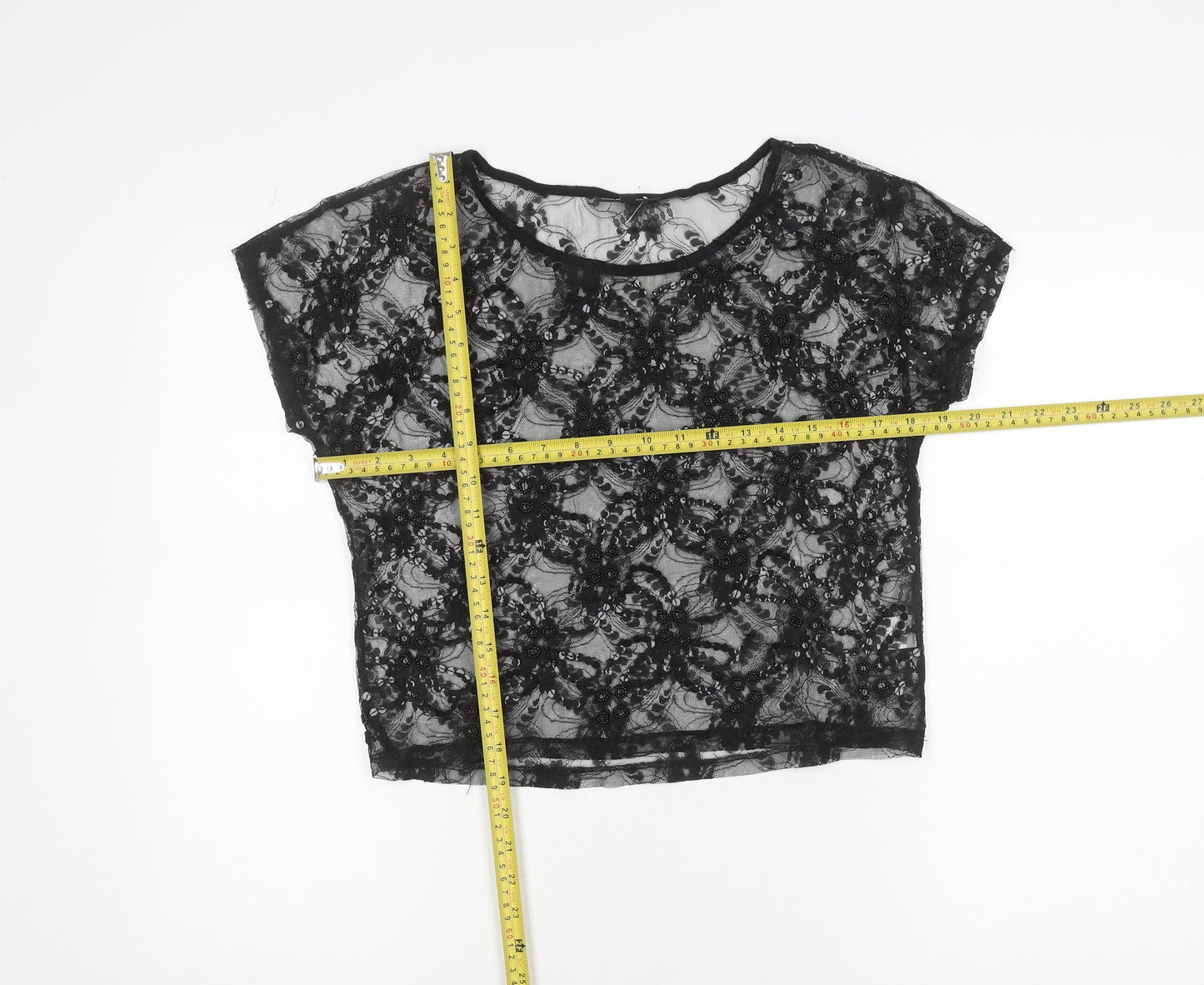 Warehouse Womens Black Lace Beaded Crop Blouse Size 8