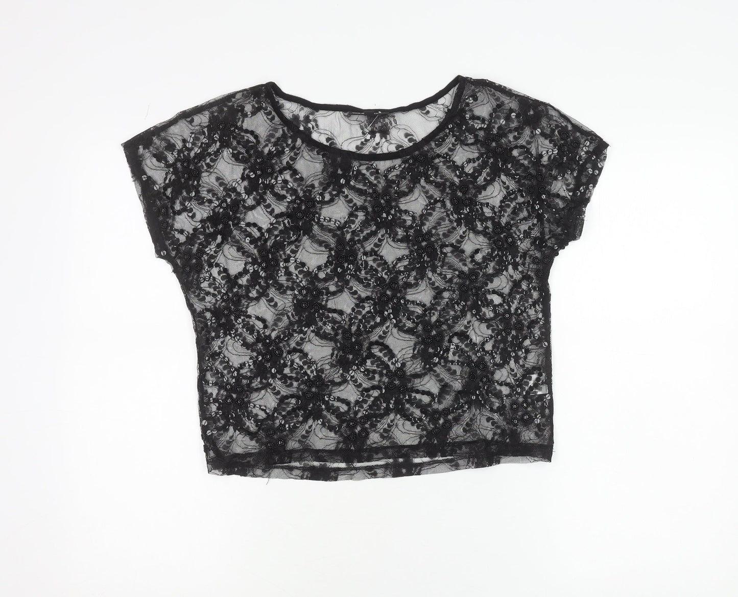 Warehouse Womens Black Lace Beaded Crop Blouse Size 8