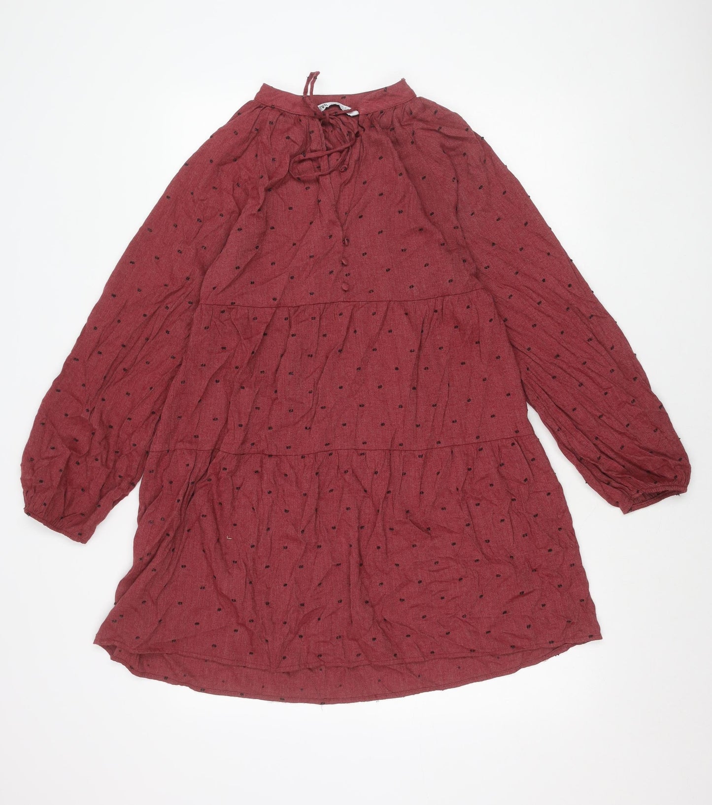 Zara Women Red Polka Dot A-Line Mini Dress Size 8 Long Sleeve