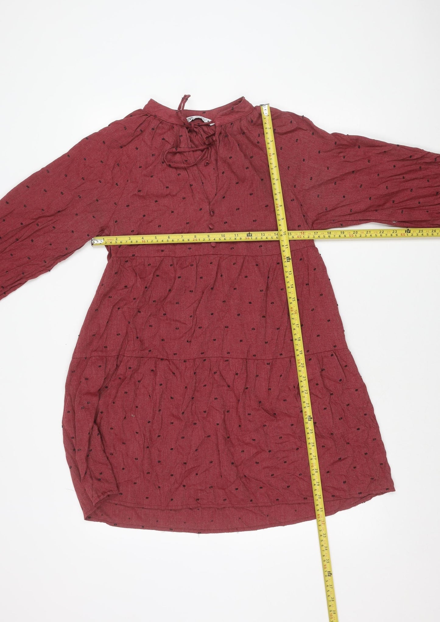 Zara Women Red Polka Dot A-Line Mini Dress Size 8 Long Sleeve