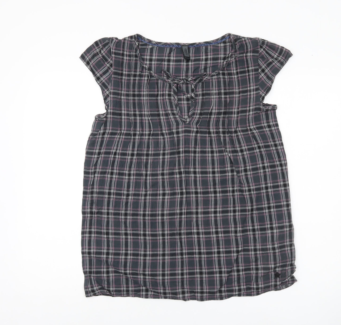 ONLY Womens Multicoloured Plaid Tunic Blouse Size M Short Sleeve Cotton