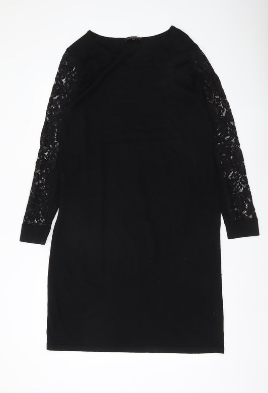 Jaeger Women Black XL Shift Dress Lace Long Sleeve Boat Neck
