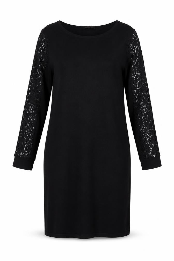 Jaeger Women Black XL Shift Dress Lace Long Sleeve Boat Neck