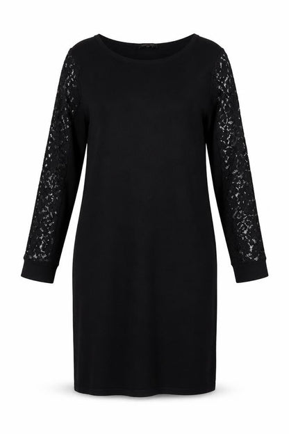 Jaeger Women Black XL Shift Dress Lace Long Sleeve Boat Neck