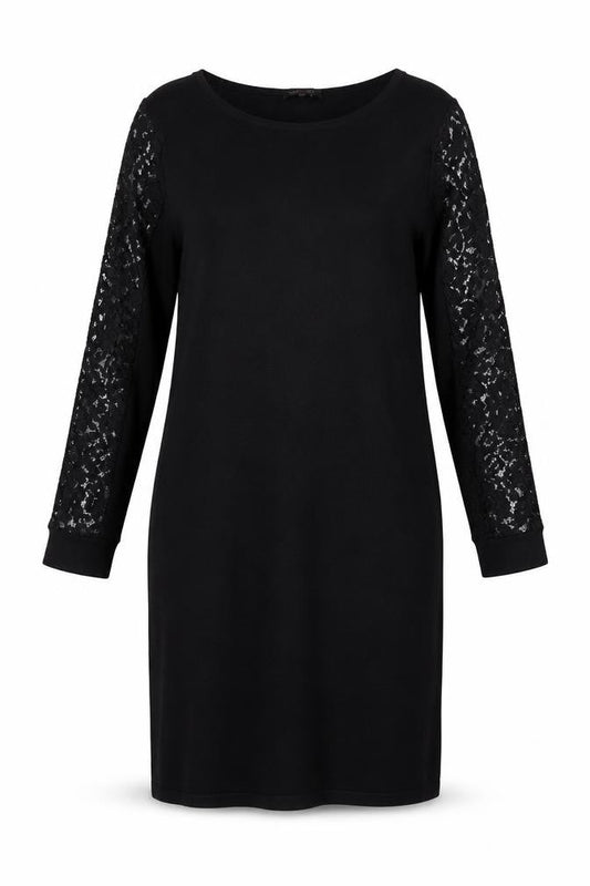 Jaeger Women Black XL Shift Dress Lace Long Sleeve Boat Neck