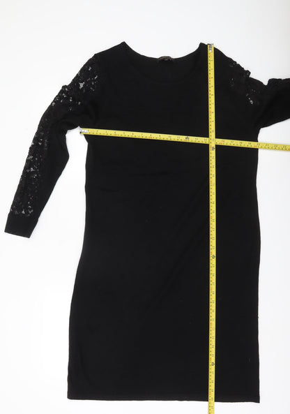 Jaeger Women Black XL Shift Dress Lace Long Sleeve Boat Neck