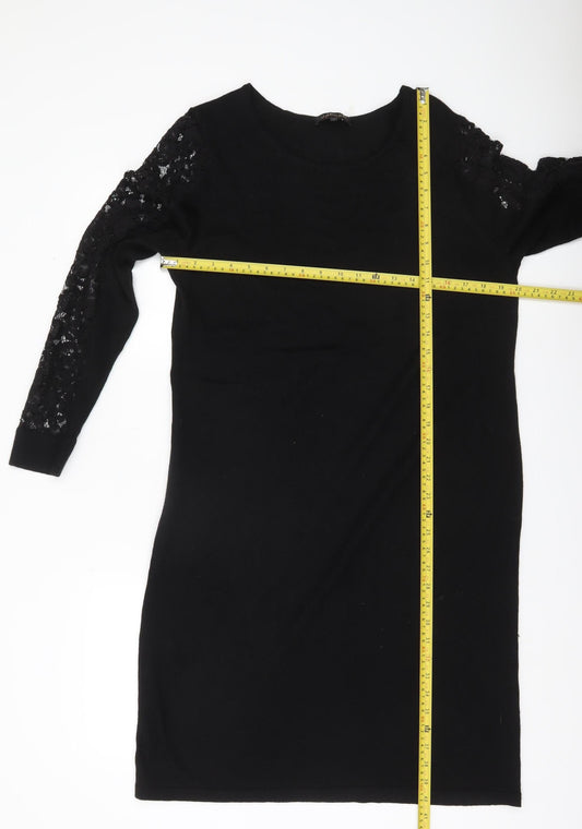 Jaeger Women Black XL Shift Dress Lace Long Sleeve Boat Neck
