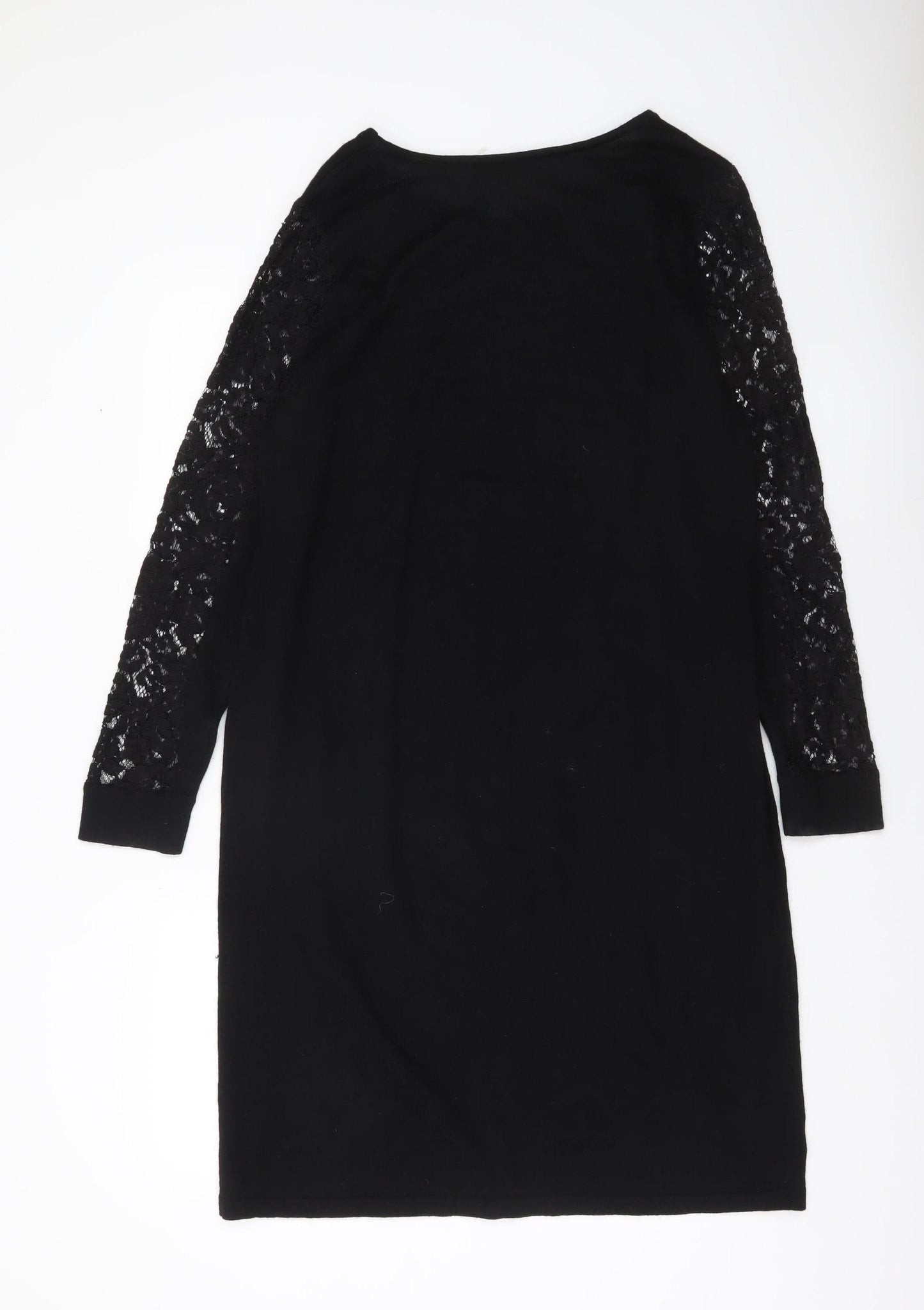 Jaeger Women Black XL Shift Dress Lace Long Sleeve Boat Neck