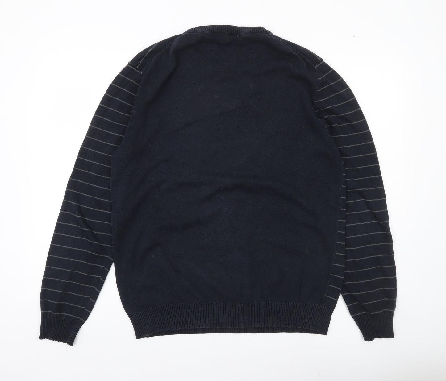 Lambretta Men’s Black Striped Cotton Jumper XL Crew Neck Pullover