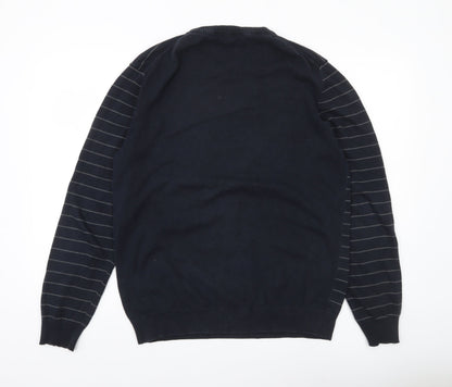 Lambretta Men’s Black Striped Cotton Jumper XL Crew Neck Pullover