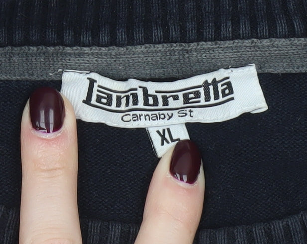 Lambretta Men’s Black Striped Cotton Jumper XL Crew Neck Pullover