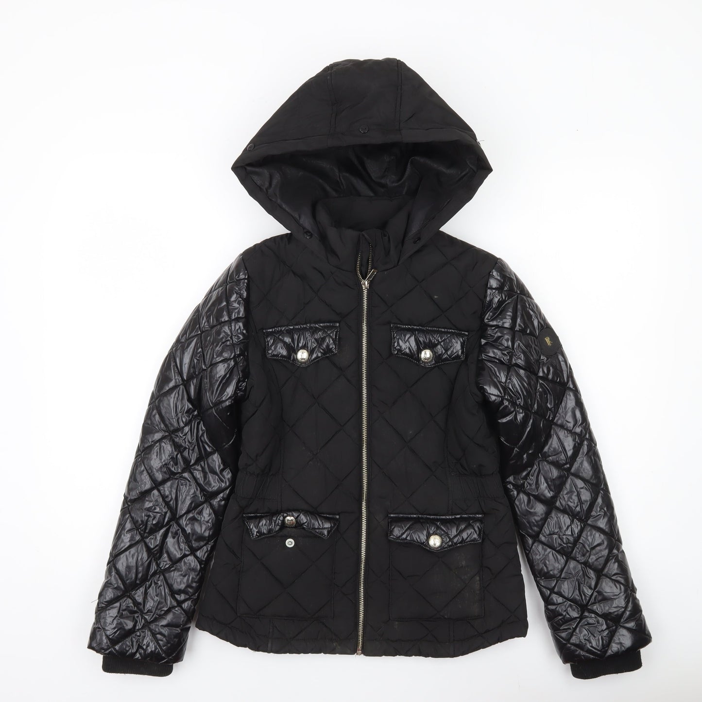 River Island Girls Black Quilted Puffer Jacket 11-12 Years Hooded Zip Winter Coat