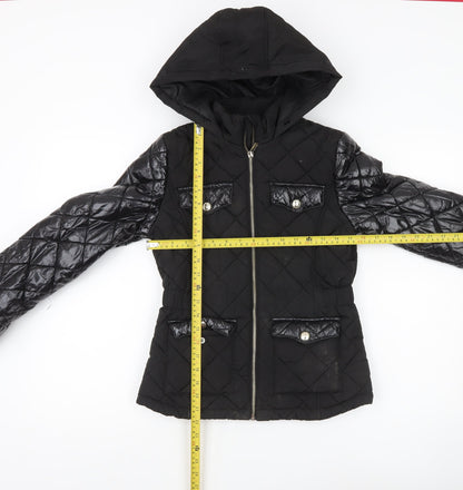 River Island Girls Black Quilted Puffer Jacket 11-12 Years Hooded Zip Winter Coat