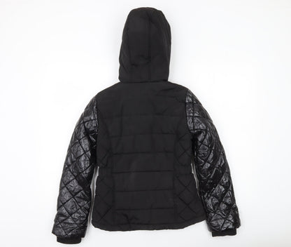 River Island Girls Black Quilted Puffer Jacket 11-12 Years Hooded Zip Winter Coat