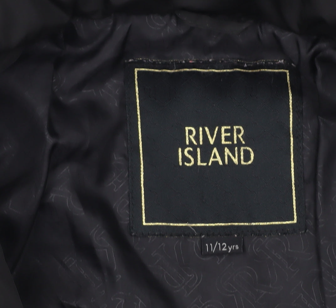 River Island Girls Black Quilted Puffer Jacket 11-12 Years Hooded Zip Winter Coat