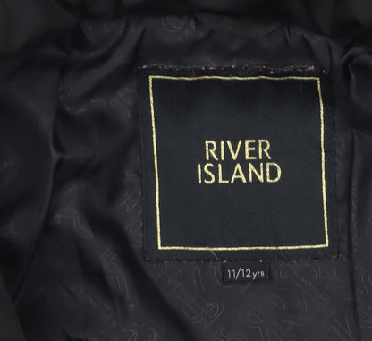 River Island Girls Black Quilted Puffer Jacket 11-12 Years Hooded Zip Winter Coat