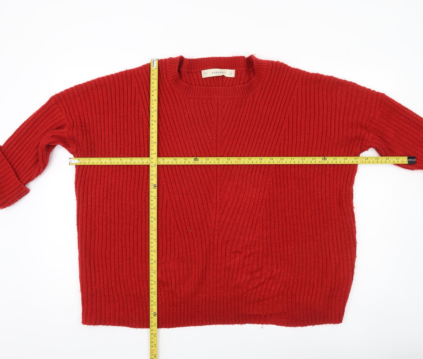 Zara Women’s Red Ribbed Knit Pullover Jumper Size 12