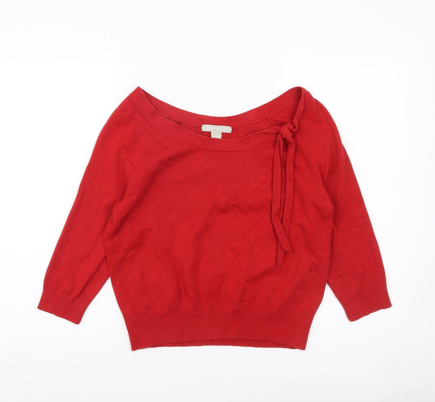 Janeville Women's Red Cotton Blend Pullover Jumper L Boat Neck Bow Detail