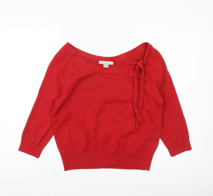 Janeville Women's Red Cotton Blend Pullover Jumper L Boat Neck Bow Detail