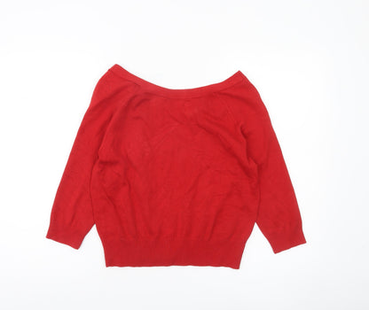 Janeville Women's Red Cotton Blend Pullover Jumper L Boat Neck Bow Detail