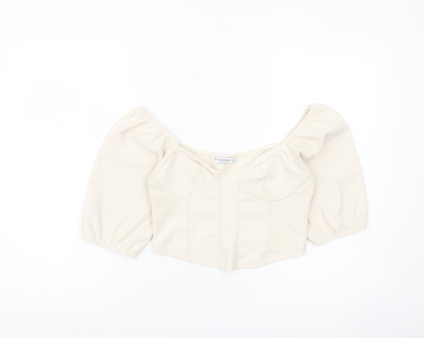 Stradivarius Women Ivory Cropped Blouse Size 12 Puff Sleeve Square Neck