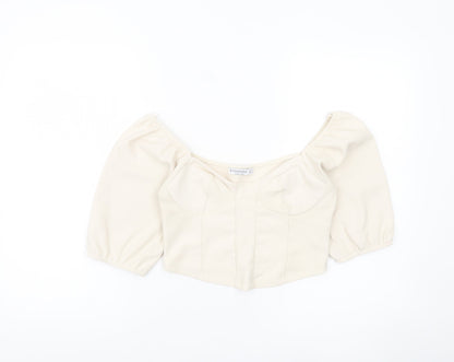 Stradivarius Women Ivory Cropped Blouse Size 12 Puff Sleeve Square Neck