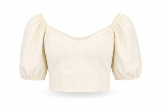 Stradivarius Women Ivory Cropped Blouse Size 12 Puff Sleeve Square Neck