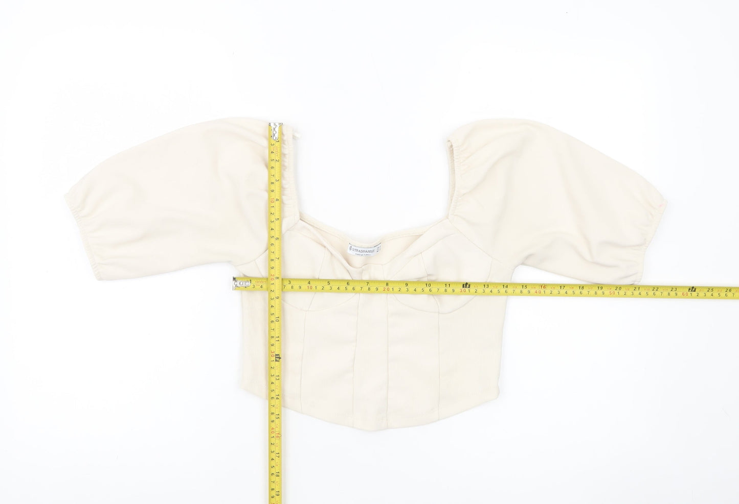 Stradivarius Women Ivory Cropped Blouse Size 12 Puff Sleeve Square Neck