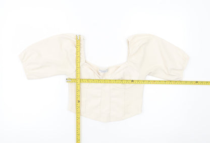 Stradivarius Women Ivory Cropped Blouse Size 12 Puff Sleeve Square Neck