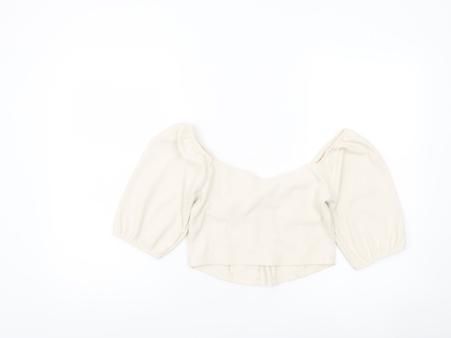 Stradivarius Women Ivory Cropped Blouse Size 12 Puff Sleeve Square Neck