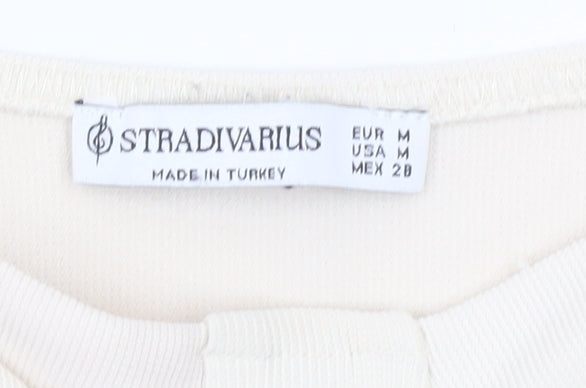 Stradivarius Women Ivory Cropped Blouse Size 12 Puff Sleeve Square Neck