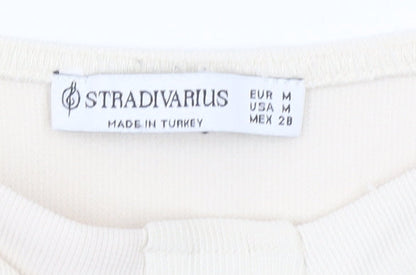 Stradivarius Women Ivory Cropped Blouse Size 12 Puff Sleeve Square Neck