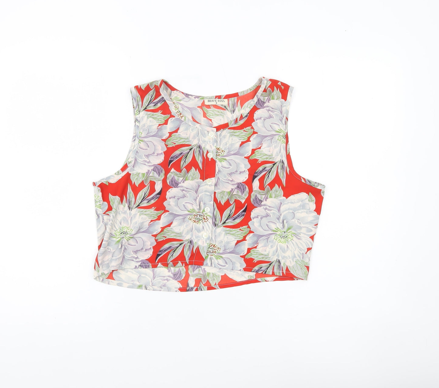 Brave Soul Womens Red Floral Cropped Sleeveless Blouse Size S