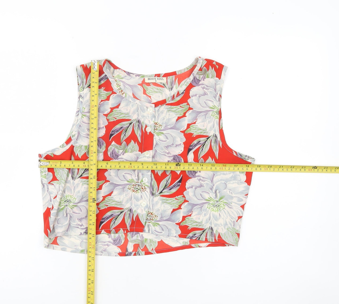 Brave Soul Womens Red Floral Cropped Sleeveless Blouse Size S