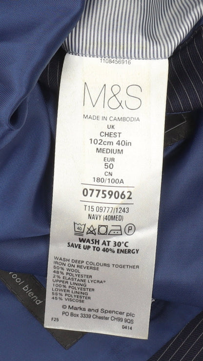 Marks and Spencer Men’s Blue Pinstripe Wool Blend Blazer Jacket 40 Chest