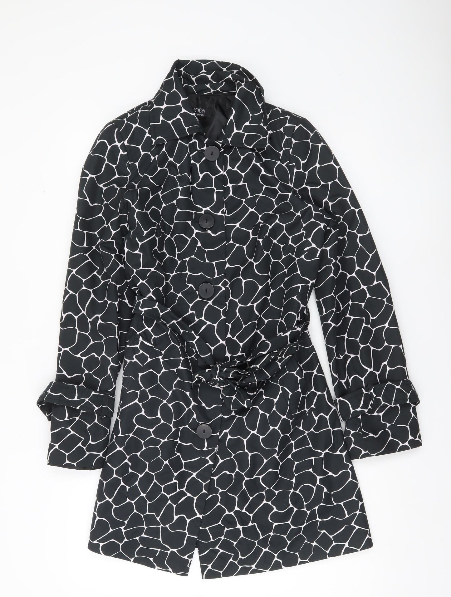 George Women’s Black Animal Print Trench Coat UK 10 Belted Mid-Length