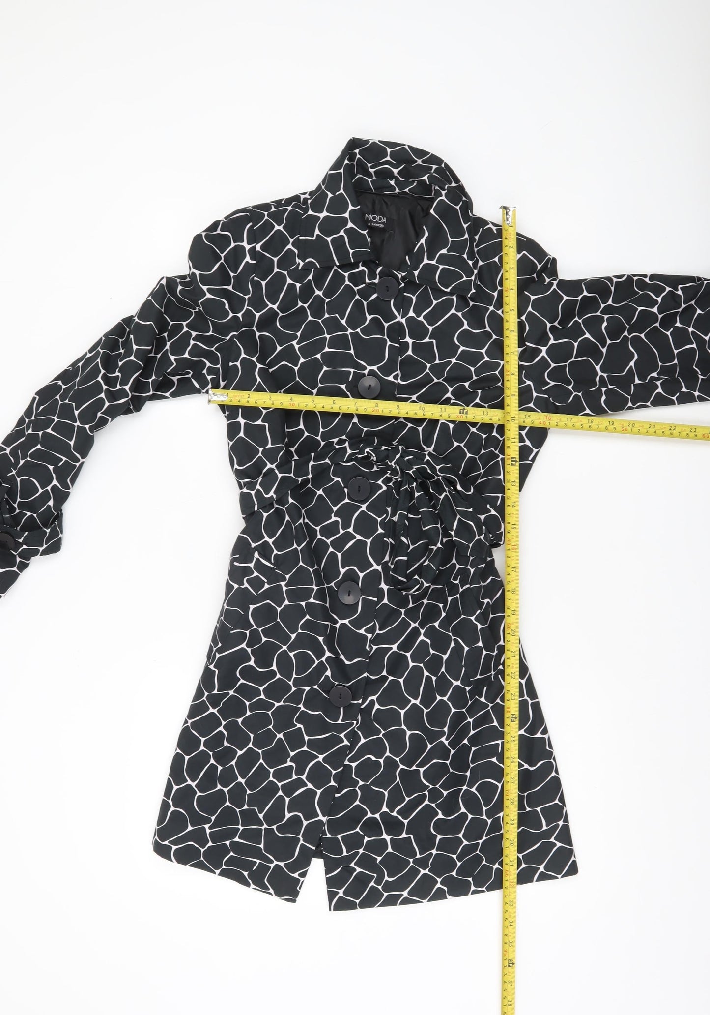 George Women’s Black Animal Print Trench Coat UK 10 Belted Mid-Length