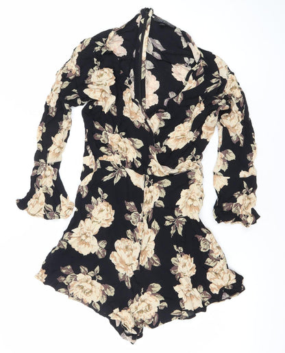 Topshop Womens Black Floral Viscose Long Sleeve Playsuit UK 8