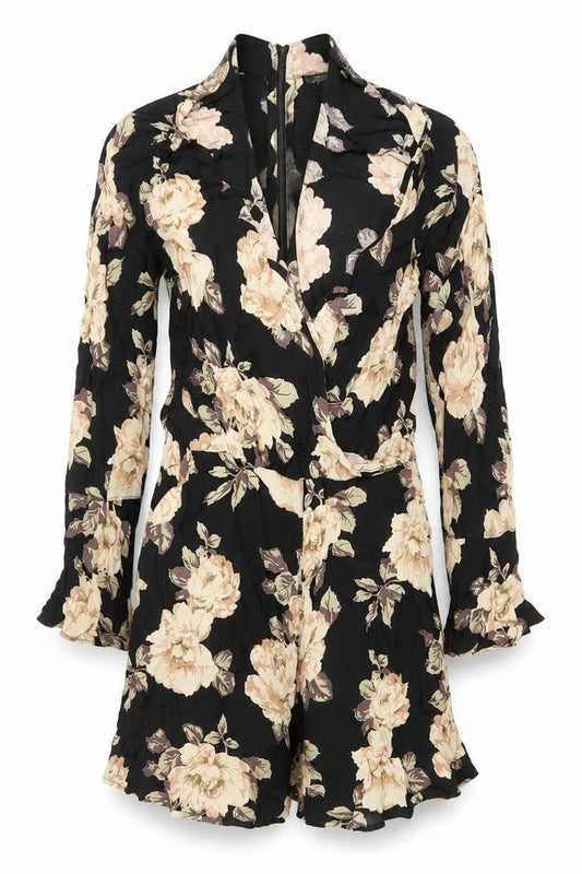 Topshop Womens Black Floral Viscose Long Sleeve Playsuit UK 8